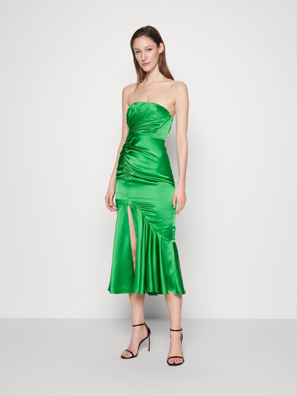 Strapless Green Satin Midi Dress